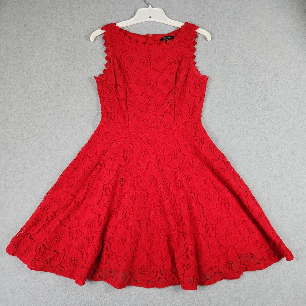 City Studio Fit & Flare Dress Womens 7 Red Floral Allover Lace Cocktail Party